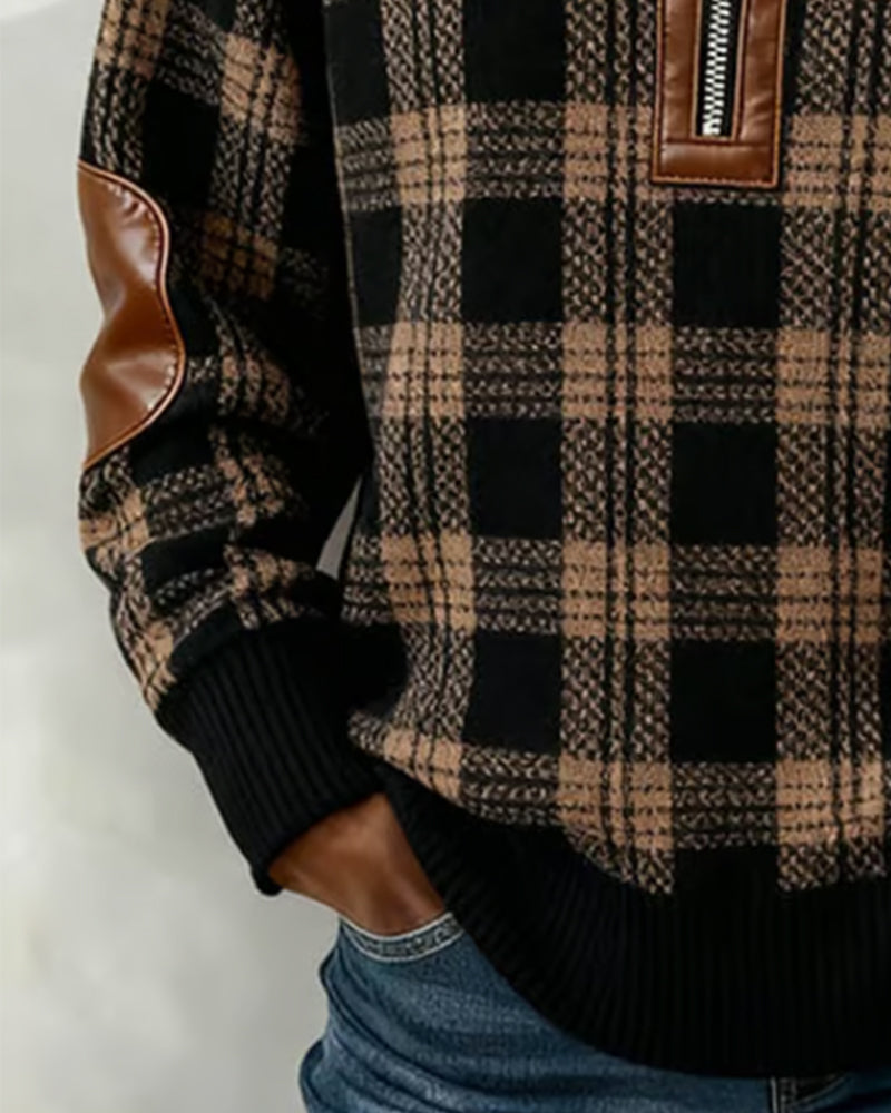 Plaid Fleece Half-Zip Sweatshirt with Collar