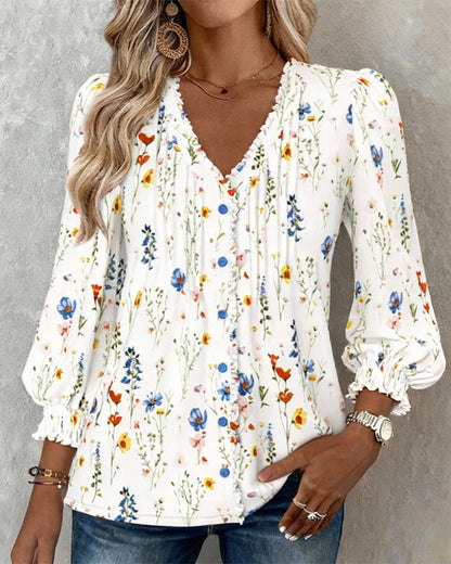 Chic Floral Print V-Neck Top