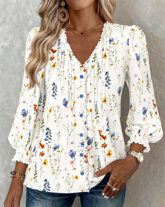 Chic Floral Print V-Neck Top