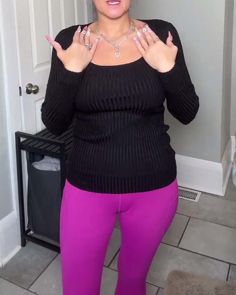 Relaxed Fit Solid U-Neck Long Sleeve Tee