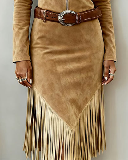 Solid Color Dress with Half-Zip and Tassel Detail