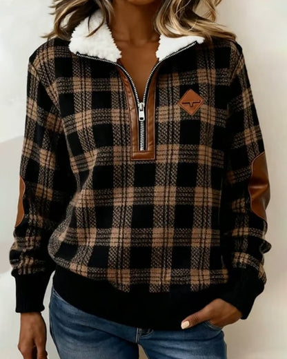 Plaid Fleece Half-Zip Sweatshirt with Collar