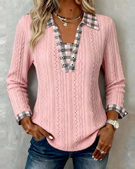 Color-Blocked Long-Sleeve Plaid Top