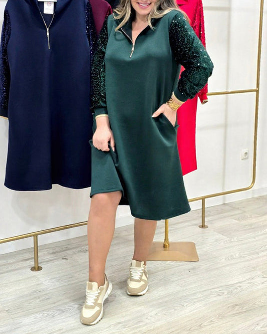 Sequin Patchwork Hooded Zip Dress