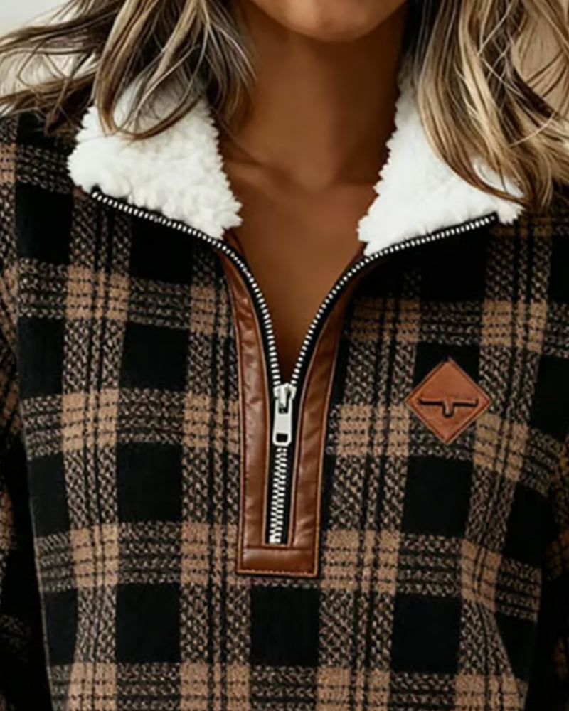 Plaid Fleece Half-Zip Sweatshirt with Collar