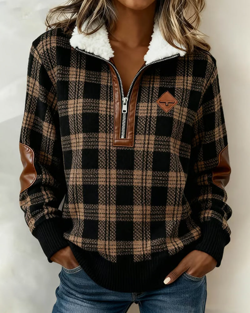 Plaid Fleece Half-Zip Sweatshirt with Collar