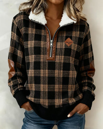 Plaid Fleece Half-Zip Sweatshirt with Collar