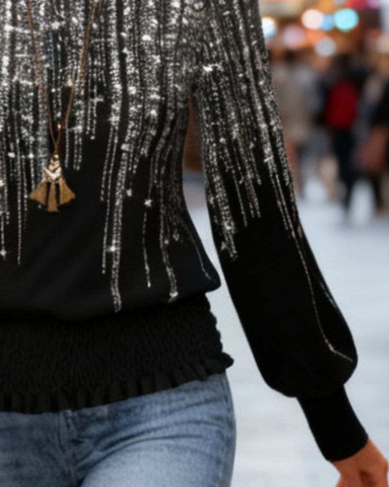 Trendy Long-Sleeved Top with Round Neck and Stylish Print