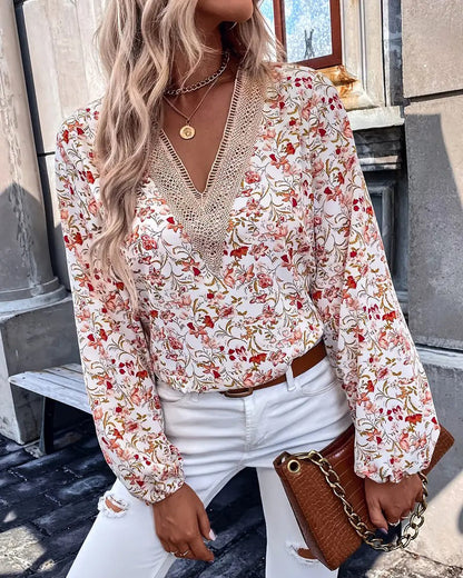 Printed Long-Sleeve V-Neck Tee for Casual Wear